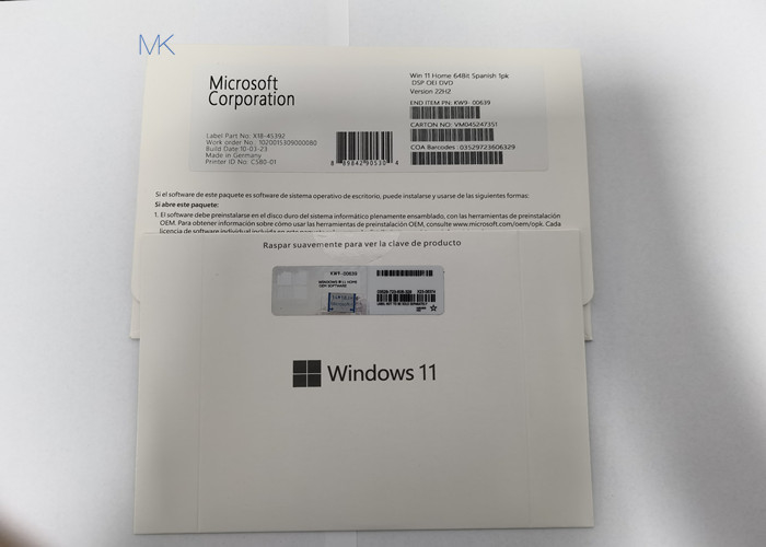 İspanyolca Microsoft Windows 11 Ev OEM DVD Fiziksel Kutu DirectX 9 veya üstü, WDDM 1.0 sürücüsü ile